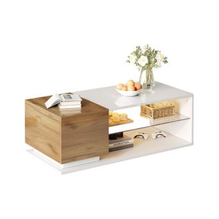 Table Basse LED Avec Coffre Caché, Design Contemporain Mdf Blanc/chêne
