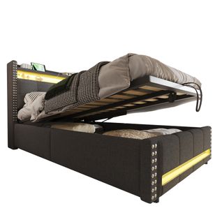 Lit Coffre 90x200 Cm - Lit Simple Avec Rangement Et Éclairage LED Télécommandé - Gris