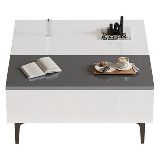 Table Basse De Salon, Plateau Relevable Et LED Intégrée - Rangement Caché, Mdf Haut Brillant, Blanc