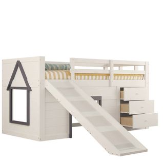 Lit Mezzanine 90x200 Cm - Lit Avec Rangement Et Toboggan - Mdf Et Pin - Crème