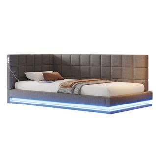 Lit Banquette 90x200 Cm - Lit Simple Avec Rangement Et LED - Avec Prise USB - Tissu Gris -