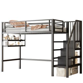 Lit Mezzanine 90x200 Cm Avec Escalier De Rangement Et Étagères Intégrées – Métal Et Mdf – Noir