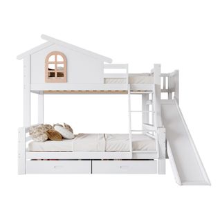 Lit Superposé 90x200 Cm - Lit Cabane Avec Rangement, Roulant Et Toboggan - Pin Et Mdf - Blanc