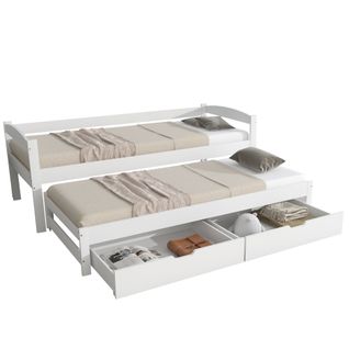 Lit Gigogne Simple 200x90 Cm Et 190x90 Cm - Avec Tiroirs De Rangement, Bois De Pin Et Mdf, Blanc