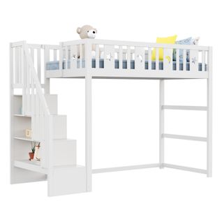 Lit Mezzanine Enfant 90x200 Cm - Escalier Intégré, Sécurité, Décor Lune Étoiles, Bois, Blanc