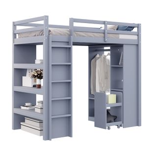 Lit Mezzanine 90x200 Cm Bois Avec Étagères, Porte-vêtements Et Rangement Amovible, Gris