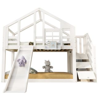 Lit Cabane Bois 90x200 Cm - Montessori, Tiroirs, Protection Contre Les Chutes, Pin Et Mdf, Blanc
