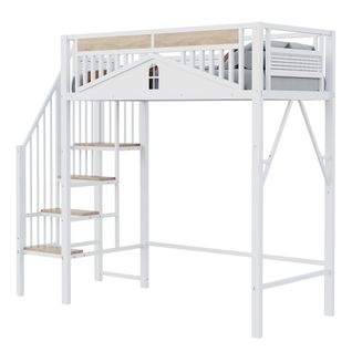 Lit Mezzanine Enfant 90x200 Cm - Rangement, Échelle Réversible, Design Boule, Fenêtre, Métal Blanc