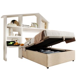 Lit Coffre Enfant 90x190 Cm - Lit Simple Avec Rangement Hydraulique Et Bibliothèque - Naturel