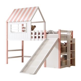 Lit Mezzanine 90x200 Cm - Lit Enfant Avec Rangement, Échelle Et Toboggan, Bois Rose