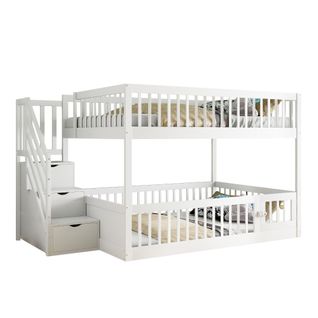 Lit Superposé 140x200 Cm Enfant Avec Rangement, Échelle, Garde-corps Sécurité, Bois, Blanc
