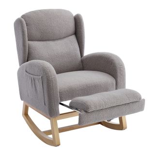 Fauteuil à Bascule De Salon Avec Repose-pieds Réglable Et Haut Dossier, Tissu Teddy, Gris