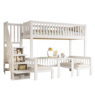 Lit Superposé Enfant 90/120x200 Cm, Escalier Rangement, Bureau Rabattable, Pin/mdf, Blanc