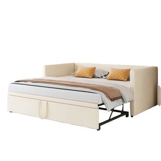 Lit Gigogne 90/180x200 Cm - Lit Multifonction Avec Sommier à Lattes, Velours Doux - Beige