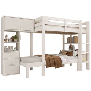 Lit Superposé 90x200 cm Enfant, Tiroirs, Étagères Et Armoire Décentrée, Bois et Mdf, Blanc