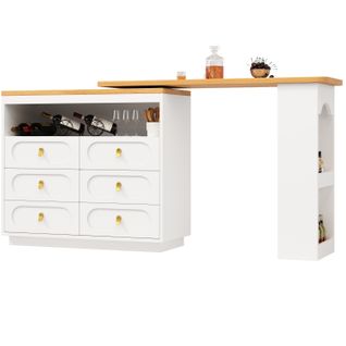 Table Bar Avec Plateau Pivotant 360° Et Tiroirs - Meuble Bar Fonctionnel Cuisine/salon - Mdf Blanc