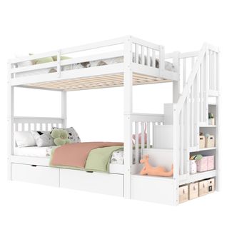 Lit Superposé 90x200 Cm Enfant Avec Tiroirs, Étagère Rangement, Pin Et Mdf, Blanc