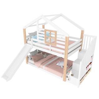 Lit Superposé Enfant 90x200 Cm En Bois - Toboggan, Escalier Et Rangement - Blanc