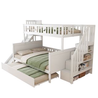 Lit Superposé Enfant 90×200 Cm Avec Lit Gigogne 140×200 Cm, Toboggan Et Rangement, Bois , Blanc