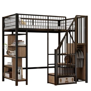 Lit Mezzanine Enfant 90x200 Cm - Rangement Intégré, Étagères Et Escalier Sécurisé, Métal Noir