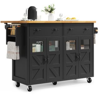 Îlot De Cuisine – Multifonction Avec Plateau Et Étagères Ouvertes, Bois Et Métal, Noir