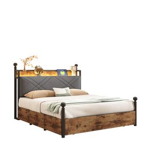 Lit Double 140x190 Cm - Lit Baldaquin, LED Et 3 Tiroirs , Tête De Lit Démontable, Métal, Noir