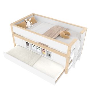 Lit Mi-hauteur Enfant 90x200 Cm, Gigogne Et Étagères - 2 Couchages Gain De Place, Blanc Et Naturel