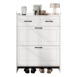 Meuble à Chaussures Entrée, 4 Compartiments Et Tiroir, Design Moderne, Mdf Blanc