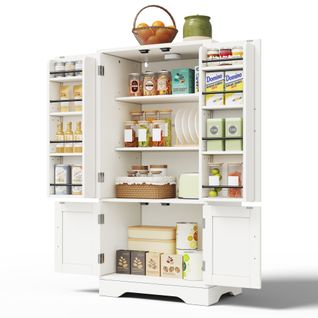 Buffet Cuisine LED, 2 Portes, Étagères Réglables, Supports, Cuisine/salle à Manger/salon, Blanc