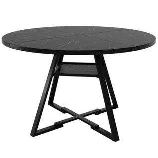 Table à Manger Ronde, Plateau Effet Marbre, Pieds Réglables, Rangement, Mdf Noir