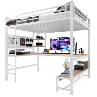Lit Mezzanine 140x200 Cm Ado/enfant Avec Bureau, Étagères, LED, Prises USB Et Type-c, Métal, Blanc