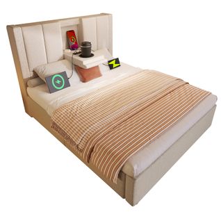 Lit Coffre Simple 90×200 cm Avec Rangement Hydraulique Et Chargeur USB Intégré - Beige