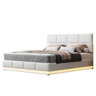 Lit Coffre 180×200 Cm Avec LED, Rangement Hydraulique, Sommier à Lattes, Simili Cuir Blanc