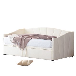 Lit Gigogne 90/180x200 Cm - Lit Double Multifonctionnel, Tissu Velours, Beige