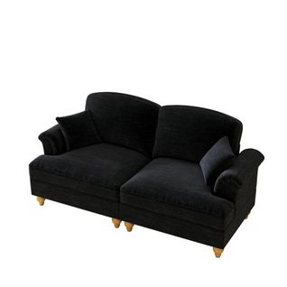 Canapé 2 Places Avec Accoudoirs Évasés Et Jupe Amovible, Pieds Bois, Chenille Noir