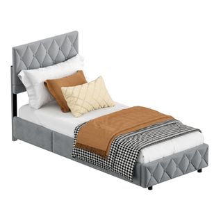 Lit Coffre 90x190 Cm Velours Gris Clair, Boxspring Avec Rangement Hydraulique