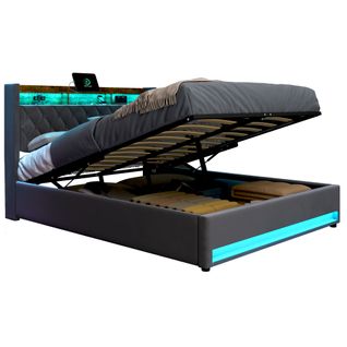 Lit Coffre Hydraulique 160x200 Cm Avec Rangement, USB Et LED - Velours Gris Foncé