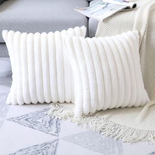 Housse De Coussin Set 2 Pièces 45x45 Cm Peluche Douce Design Moderne Fermeture Zippée Blanc
