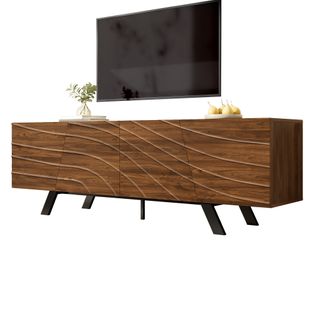 Meuble TV 160x39x50,5cm Avec Style Ondulé Et Étagères Pratiques - Mdf - Noyer - Pieds Noirs