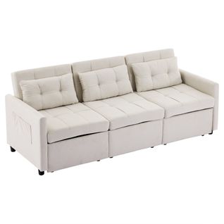 Canapé Convertible 3 Places Modulable, Dossier Inclinable 180°, Rangement, Tissu Non Tissé, Beige