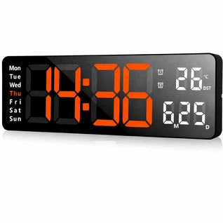 Horloge Murale LED 13", Télécommande, Date Et Température, 10 Niveaux, Abs Noir, Lumière Orange