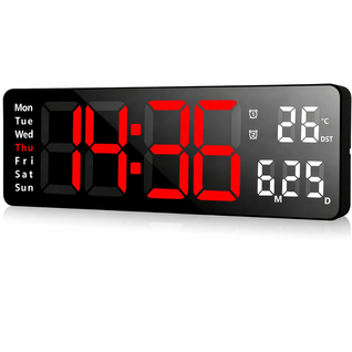 Horloge Murale LED 13", Télécommande, Date Et Température, 10 Niveaux, Abs Noir, Lumière Rouge