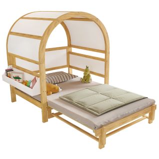 Lit Gigogne Enfant 140x200 cm - Extensible, Toit Arche, Rangement Latéral, Bois, Blanc + Naturel