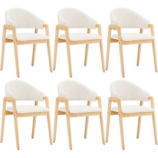 Chaises Lot De 6, Dossier Incurvé, Assise En Tissu Confortable, Structure Bois, Blanc