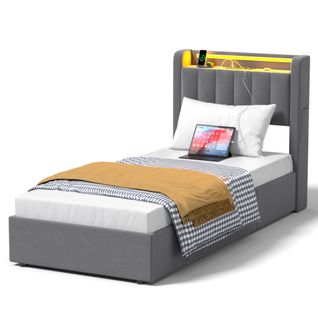 Lit Ado 90x190 Cm, Lit Coffre Hydraulique Avec Rangement, LED, Bords Arrondis Et USB, Velours Gris