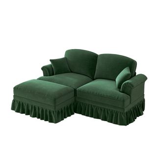Canapé Moderne 2 Places Avec Accoudoirs Entonnoir, Pouf Et Jupe Amovible, Chenille Vert
