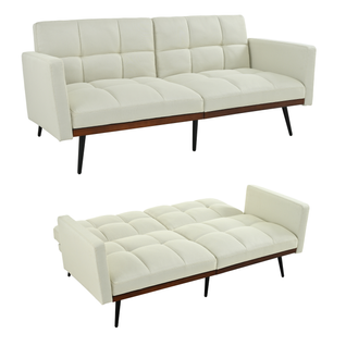 Canapé Convertible 2 Places, Dossier 5 Positions, Accoudoirs Fixes, Lin Mélangé, Pieds Métal, Beige