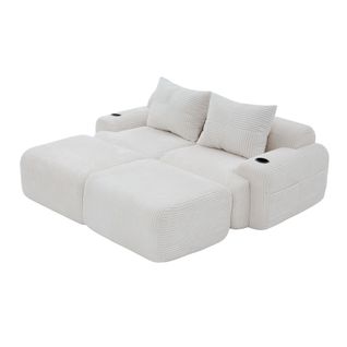 Canapé Modulable 2 Places Avec 2 Poufs, Porte-gobelet Et Poche Latérale, Velours Côtelé Beige