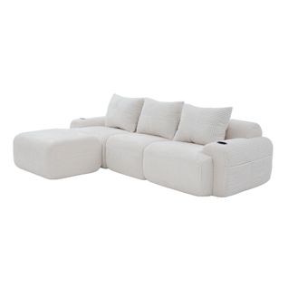 Canapé Modulable 3 Places Avec Pouf, Porte-gobelet Et Poche Latérale, Velours Côtelé Beige