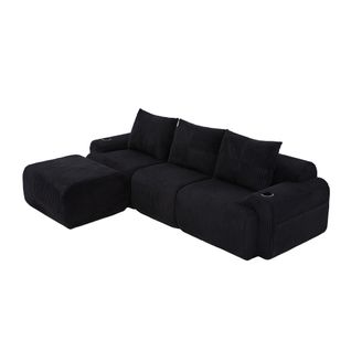 Canapé Modulable 3 Places Avec Pouf, Porte-gobelet Et Poche Latérale, Velours Côtelé Noir